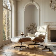 an eames lounge chair and ottoman in front of a fireplace with arched doorways