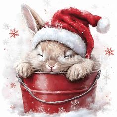 a cat wearing a santa hat sleeping in a red bucket with snowflakes on it