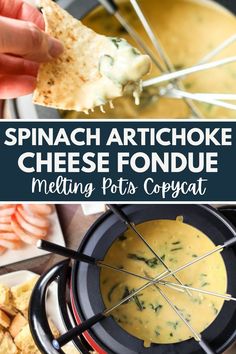 spinach artichoke cheese fondue melting pots copycat recipe with text overlay that reads spinach artichoke cheese fondue melting pots copycat