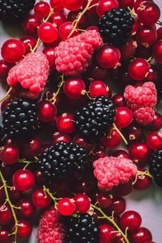 berries and raspberries are laid out on a white surface with green stems in the center