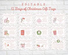 twelve days of christmas gift tags on a brick wall with the words editable 12 days of christmas gift tags