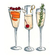 three wine glasses filled with different types of drinks and garnished with cherries