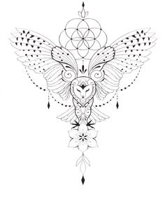 an owl with wings and flowers on it's back is drawn in black ink