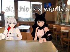 two anime characters sitting at a table with the caption sir this is a wendy's