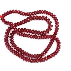 AA Red Ruby 4.5mm - 5.5mm Faceted Rondelles Bead Strand Discover the exquisite beauty of our 16" Full Bead Strand of Red Ruby Faceted Rondelles. These 4.5mm beads are meticulously crafted to showcase the rich, vibrant hue and sparkling facets of genuine ruby gemstones. Ideal for jewelry designers and stores, these ruby beads add a touch of luxury and elegance to any design. Each bead is carefully selected for its color, clarity, and quality, ensuring you receive only the finest gemstone products. Whether you're creating a stunning necklace or a delicate bracelet, these ruby rondelles will elevate your designs to new heights. Experience the allure of these captivating ruby beads and let your creativity shine. Specifications: Gemstone: Red Ruby Shape: Faceted Rondelles Size: 4.5mm - 5.5mm St Elegant Red Rondelle Beads, Red Rondelle Gemstone Beads, Ruby Beads, Jewelry Designers, Ruby Gemstone, Red Ruby, Stunning Necklace, Natural Beads, Bead Strand