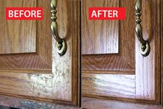 the before and after of an old kitchen cabinet door with rust on it's handles