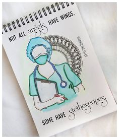 a drawing of a woman with a stethoscope in her hand on top of a notebook