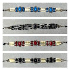 Bone chokers were a part of Native American culture in almost every part of the Americas and were worn as ornamentation and for protection. Bone choker styles varied from tribe to tribe. This Indian replica jewelry is crafted with natural leather, bone, glass and metal beads, feathers, sinew and stainless wire. Great for native apparel, costumes, and black powder use. Sold individually in assorted colors. Colors and designs will vary. Styles available (see photos): A. 10 Strand Choker B. 4 Stran Bone Choker, Replica Jewelry, Leather Choker Necklace, Native Style, American Culture, Native American Culture, Choker Style, Bone Beads, Camping Life