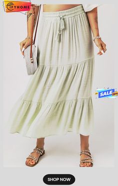 Green Drawstring High Waist Tiered Long Skirt Tiered Long Skirt, Long Tiered Skirt, Long Skirt, Womens Bottoms, High Waist, On Sale, High Waisted, Skirt, Free Shipping