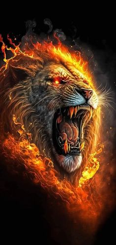 a lion with its mouth open and flames coming out of it's teeth in the dark