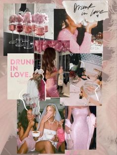 the collage shows photos of women in pink dresses and champagnes, including one woman with