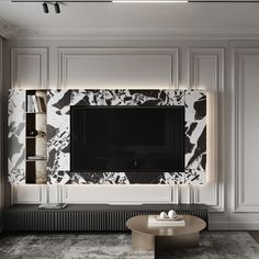 an elegant living room with white walls and black marbled entertainment center on the wall