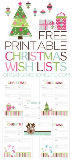 a christmas wish list is shown with the words, free printables and ornaments