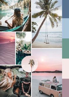 a collage of photos with people sitting in hammock, palm trees and the ocean