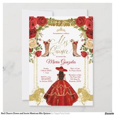 a red and gold princess birthday party card with roses on the bottom, and an image of