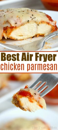 the best air fryer chicken parmesan is on a plate with a fork