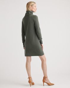 Keep cozy in this effortless cashmere turtleneck sweater dress. Cut from the softest Grade A cashmere, it comes in a relaxed yet slim fit That is both flattering and comfy. A black turtleneck sweater dress should be in every closet. Yours should be cashmere.  | Quince | Women's Mongolian Cashmere Turtleneck Sweater Dress in Moss, Size Small Winter Cashmere Sweater Dress For Work, Fitted Cashmere Sweater Dress For Fall, Fall Turtleneck Sweater Dress, Casual Turtleneck Sweater Dress For Work, Black Turtleneck Sweater Dress, Black Minimal, Black Turtleneck Sweater, Chefs Kiss, Turtleneck Dress