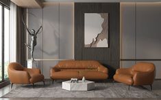 a modern living room with leather furniture and large windows