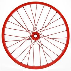 a red bicycle wheel with spokes on it's side, against a white background