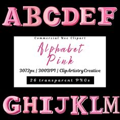 the upper and lower letters are in pink on black background, with text underneath them