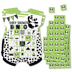 a baby shower game with panda bears on it and lots of stickers in the background