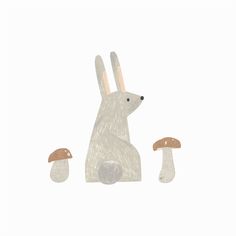 a drawing of a rabbit sitting in front of mushrooms