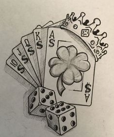 a drawing of playing cards and dices