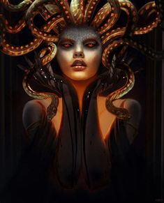 a woman with tentacles on her head and an octopus around her neck, in front of a dark background