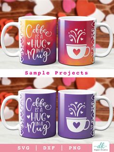 three coffee mugs with the words coffee is a hug and love is a hug on them