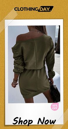 Dew Shoulder Belted Long Sleeve Mini Dress Casual Long Sleeve Solid Color Bodycon Dress, Casual Mini Bodycon Dress For Winter, Casual Off-shoulder Mini Dress For Winter, Casual Winter Mini Bodycon Dress, Casual Winter Mini Dress, Winter Casual Mini Bodycon Dress, Casual Solid Color Bodycon Dress For Fall, Casual Long Sleeve Bodycon Dress For Day Out, Casual Green Long Sleeve Bodycon Dress