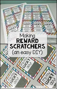 several reward cards with the words making reward scratchers an easy diy on them