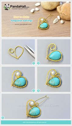 instructions to make wire wrapped heart pendants with turquoise stones and pearls, in the shape of hearts