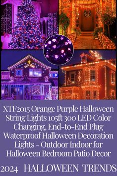 christmas lights and decorations in front of a house with the words, xtra orange purple halloween