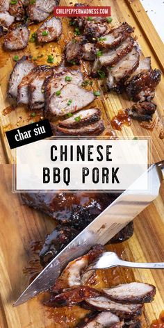 chinese bbq pork on a cutting board with chopping knife