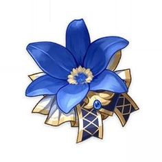 a blue and gold brooch with a flower on it