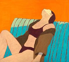 This oil painting captures the essence of comfort and ease. The girl, sitting back on the blue sofa, exudes a sense of calm and contentment, her body relaxed and her mind at peace. The bright orange background serves as a bold visual statement, adding a touch of energy to the overall composition. This piece is a celebration of the simple pleasures in life. #figurativepainting #bedroomart #livingroomart #officeart home modern living room office wall art minimal nude #figurative #contemporary #art Large Wall Paintings, Figurative Kunst, Feminine Art, Linen Canvas, Aesthetic Painting, Graphics Inspiration