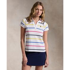 Crafted from stretch jersey this striped Polo shirt is designed with a scalloped split neckline and raglan sleeves. It’s finished with our printed “RLX” logo and signature embroidered Pony. Casual Multicolor Tops With Striped Sleeves, Fitted Striped Polo Shirt For Summer, Summer Fitted Striped Polo Shirt, Summer Polo Collar Top With Vertical Stripes, Spring Tops With Signature Stripes, Fitted Top With Striped Sleeves, Short Sleeve Tops With Signature Stripes For Spring, Spring Short Sleeve Tops With Signature Stripes, White Polo Shirt With Striped Collar For Spring