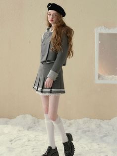 Coat With Skirt, Wool Short Coat, Retro Jacket, Gray Skirt, Short Coat, Gray Jacket, Skirt Pants, Skater Skirt, Skirt Set