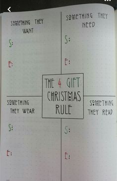 the 4 gift christmas rules are written on a notebook