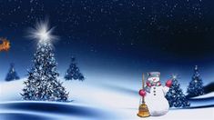 a snowman is standing in the middle of a snowy landscape with christmas trees and a fire hydrant