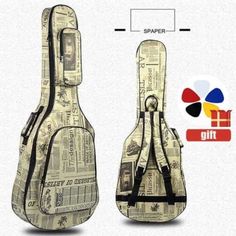 a guitar case with newspaper print on the front and back, both in different colors