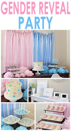 a pink and blue gender reveal party with lots of cake