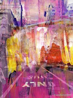 an abstract painting with pink, yellow and purple colors on the street in front of tall buildings