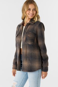 Super cozy button-up that features a soft high pile design, classic plaid print and front snap closure. O'Neill Women's high pile button-up Regular length Snap up closure Plaid print Front chest pockets Saddle hemline 100% Polyester | O'Neill Women's Zuma High Pile Overshirt Jacket in Chocolate Chip, Size XL, Polyester Suits Series, Loungewear Outfits, Spring Suit, Loungewear Dresses, Womens Wetsuit, Denim Sweater, Triangle Bralette, Plaid Print, Womens Clothing Sizes