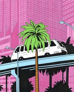 a white car driving over a bridge with palm trees in the foreground and tall buildings in the background