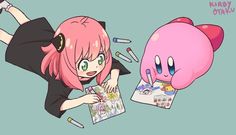 an anime character laying on the ground next to a pink pig with her eyes closed