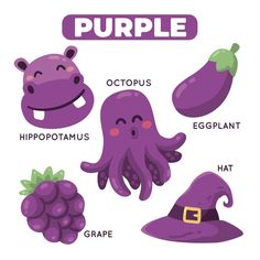 an octopus, eggplant, hat and other items that are labeled in purple