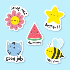 four stickers that say great job, watermelon, bee, and cat