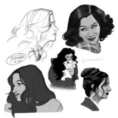 some drawings of people with different hair styles and facial expressions, one is holding a baby