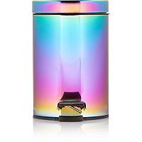 a multicolored canister with a black lid